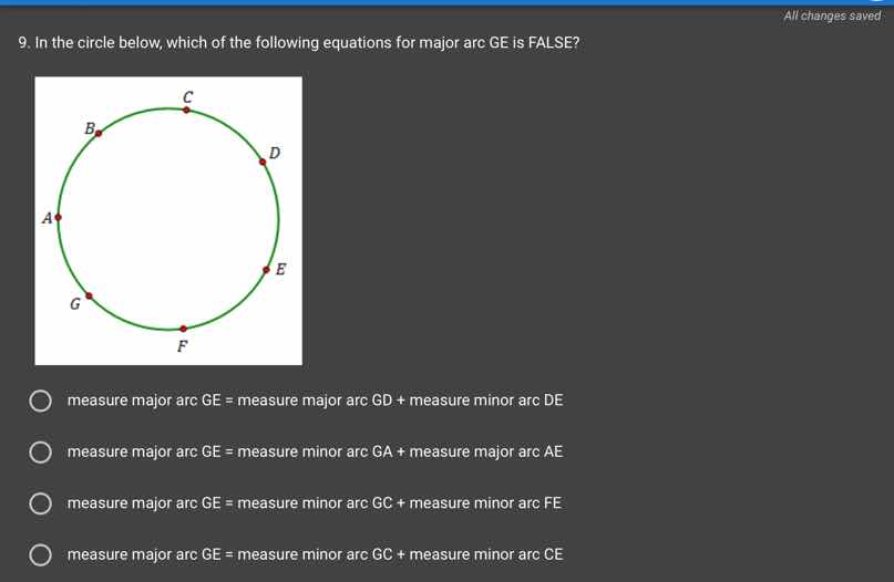 9. in the circle below, which of the following equations for major arc …