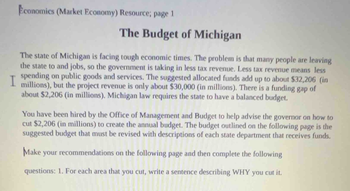 economics (market economy) resource; page 1 the budget of michigan the …