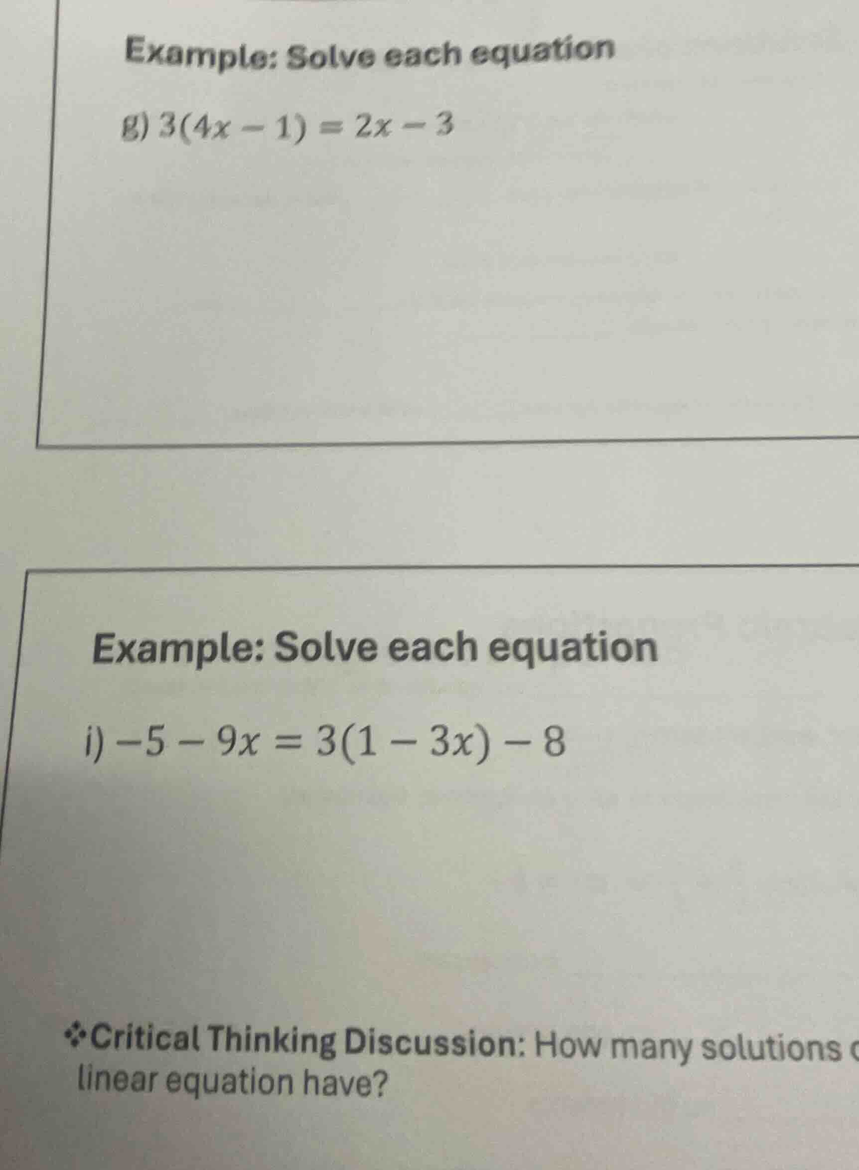 example: solve each equation g) $3(4x - 1) = 2x - 3$ example: solve eac…