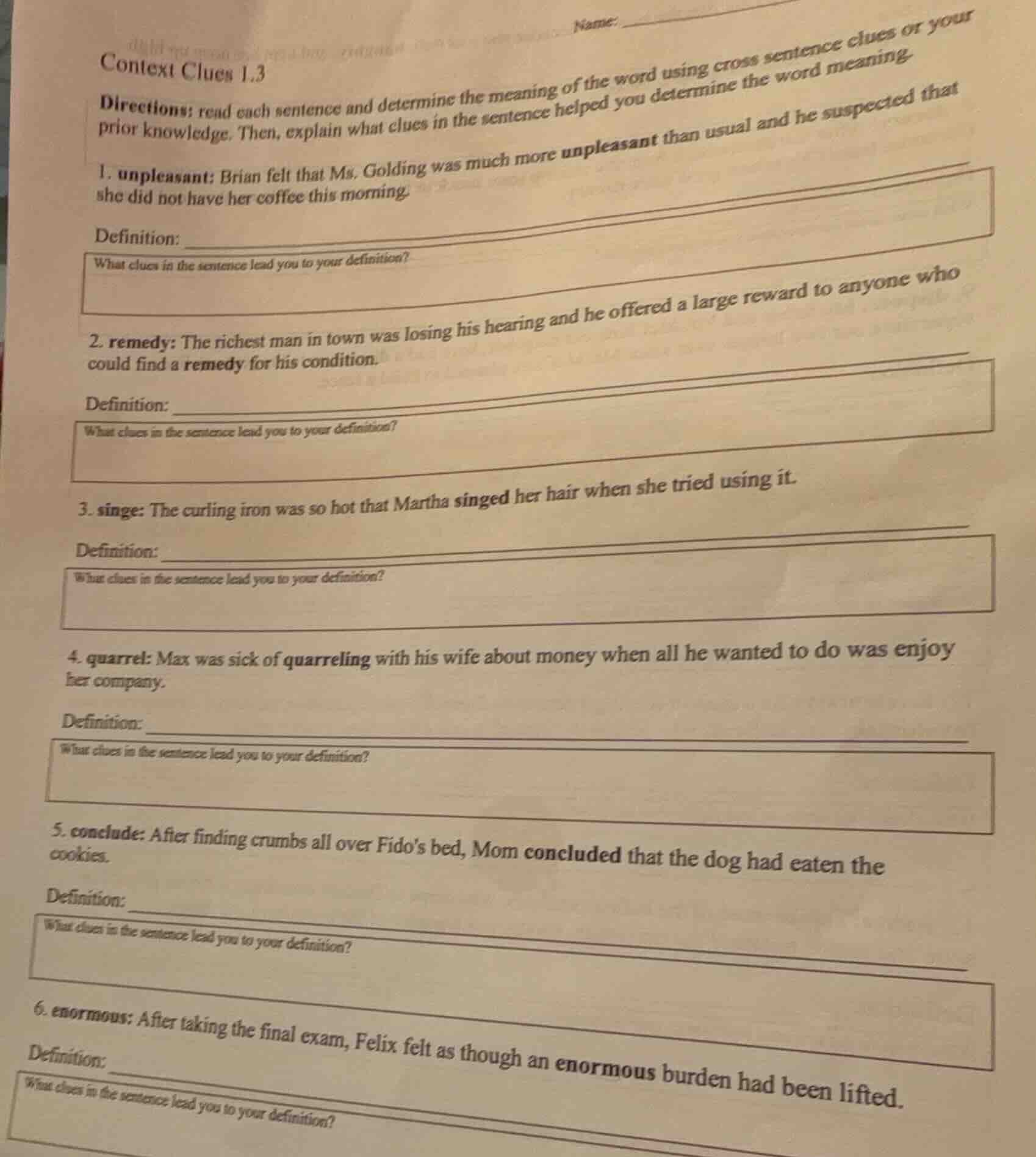 context clues 1.3 directions: read each sentence and determine the mean…