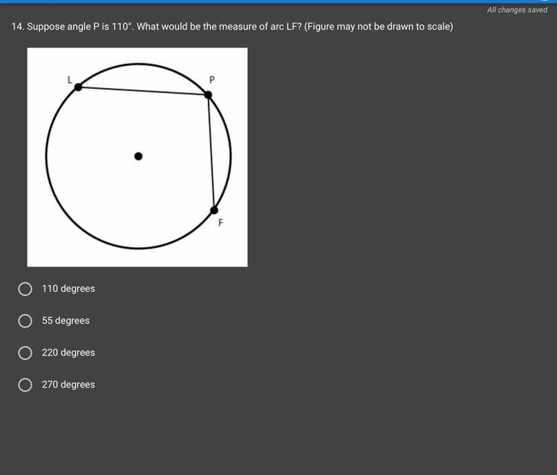 14. suppose angle p is 110°. what would be the measure of arc lf? (figu…