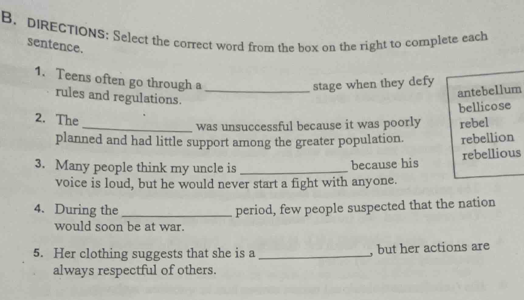 b. directions: select the correct word from the box on the right to com…