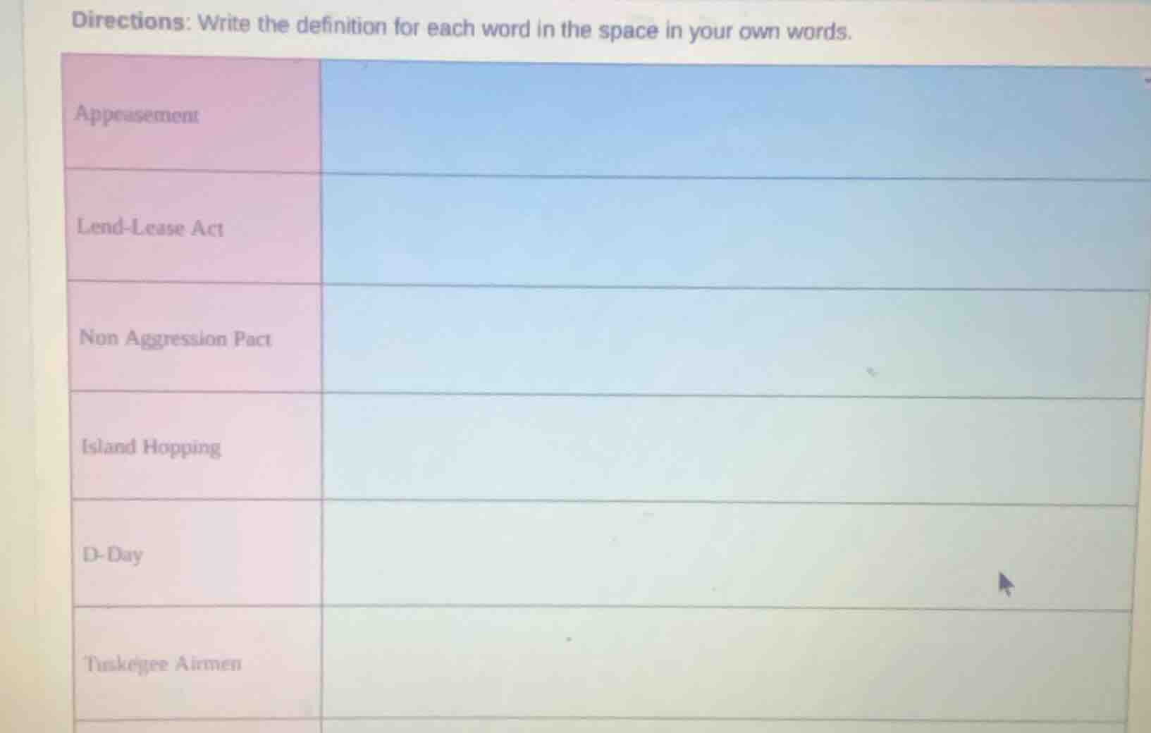directions: write the definition for each word in the space in your own…