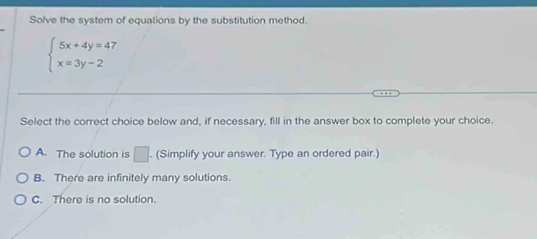 solve the system of equations by the substitution method.\ \\(\\begin{c…