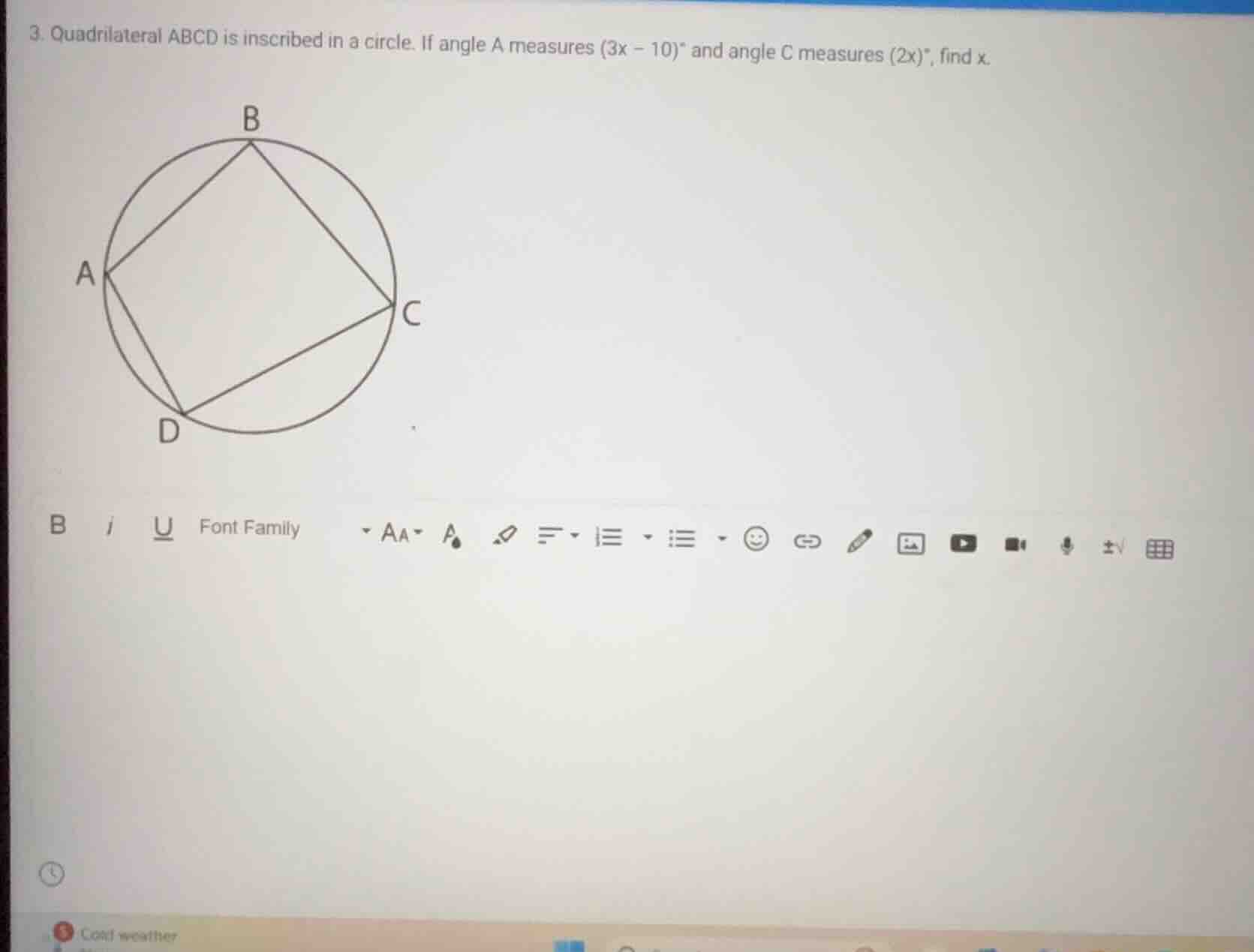 3. quadrilateral abcd is inscribed in a circle. if angle a measures (3x…