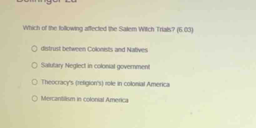 which of the following affected the salem witch trials? (6.03) ○ distru…