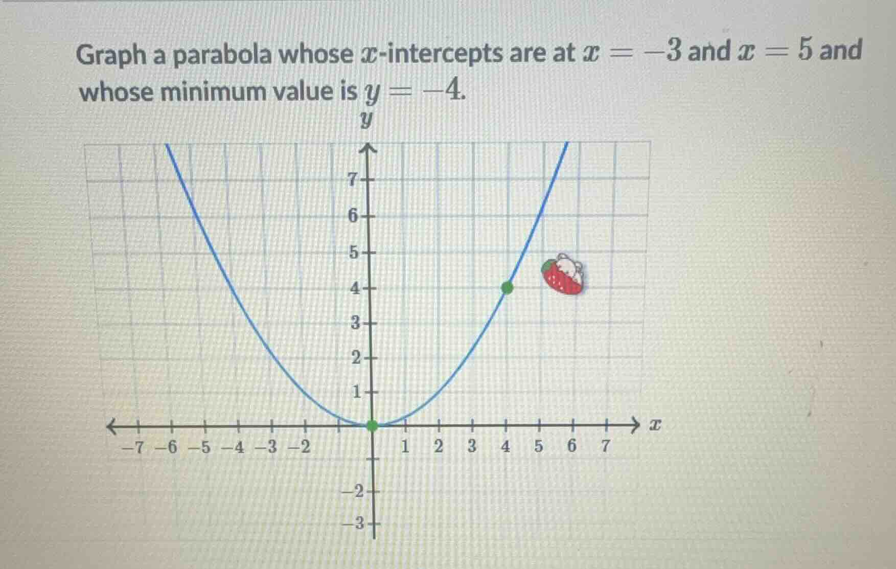 graph a parabola whose x-intercepts are at x = -3 and x = 5 and whose m…