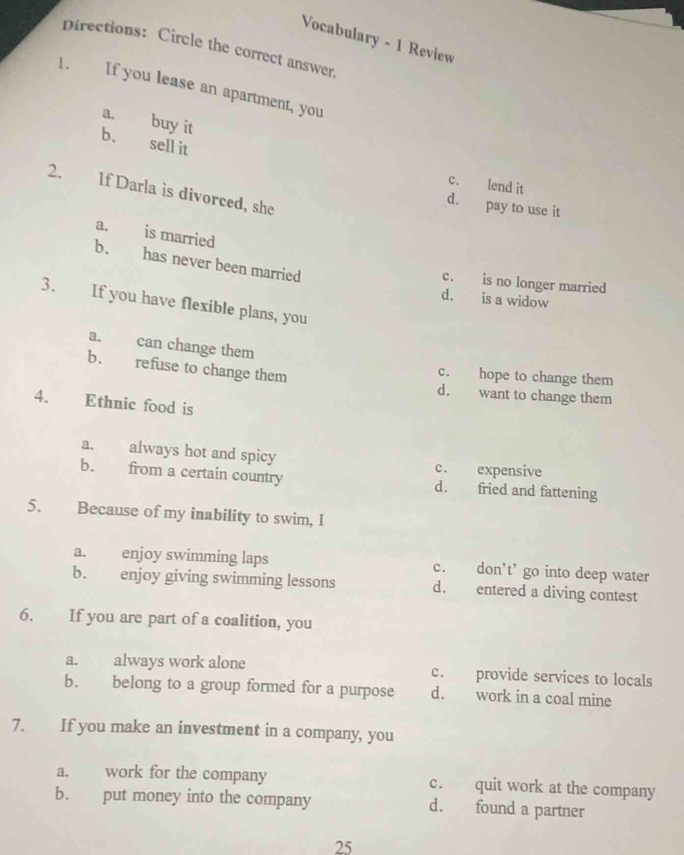 vocabulary - 1 review directions: circle the correct answer. 1. if you …