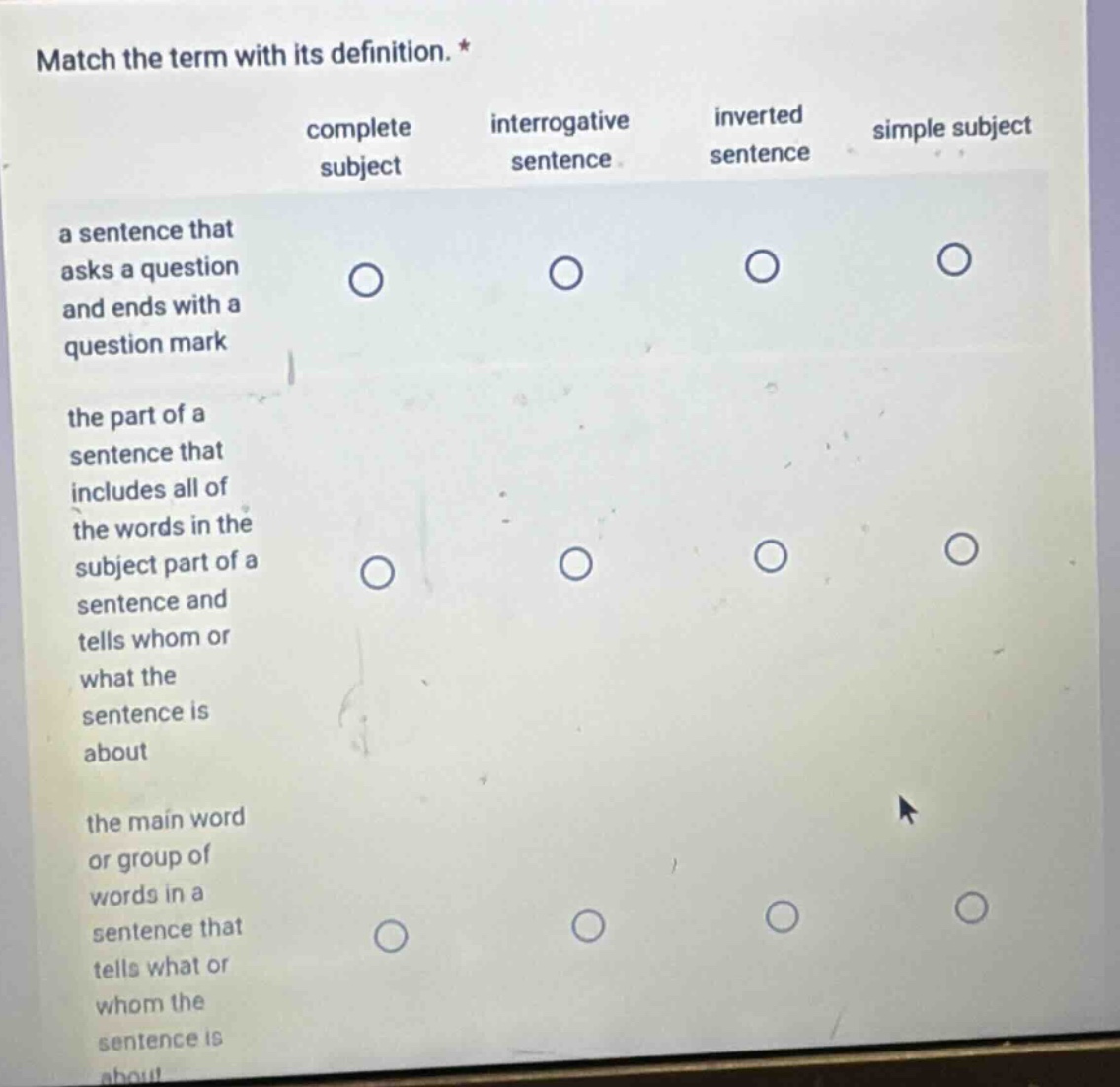 match the term with its definition. * complete subject interrogative se…