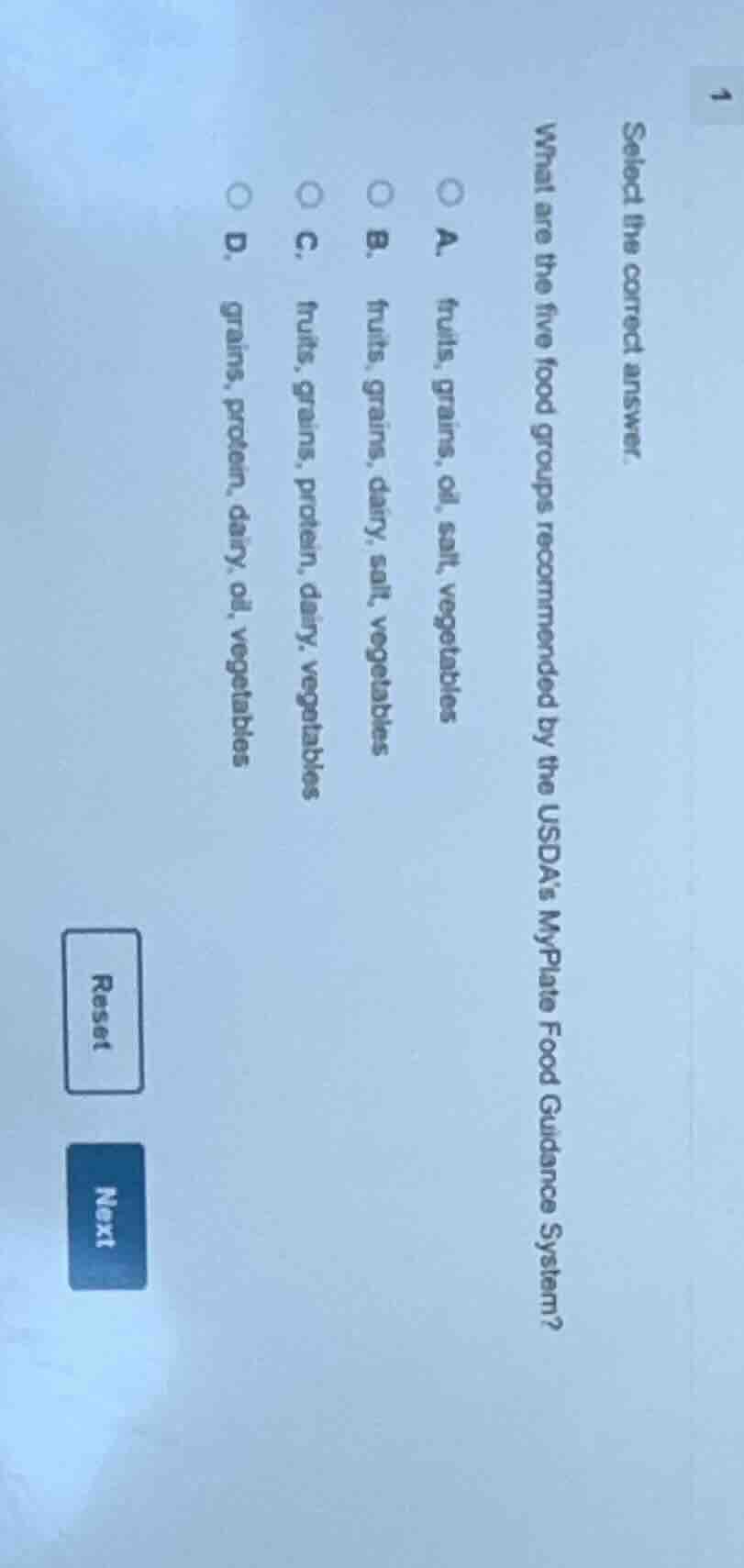 select the correct answer. what are the five food groups recommended by…