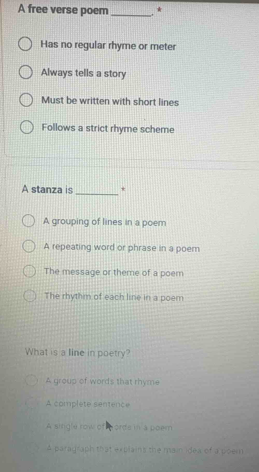 a free verse poem ______. * - has no regular rhyme or meter - always te…