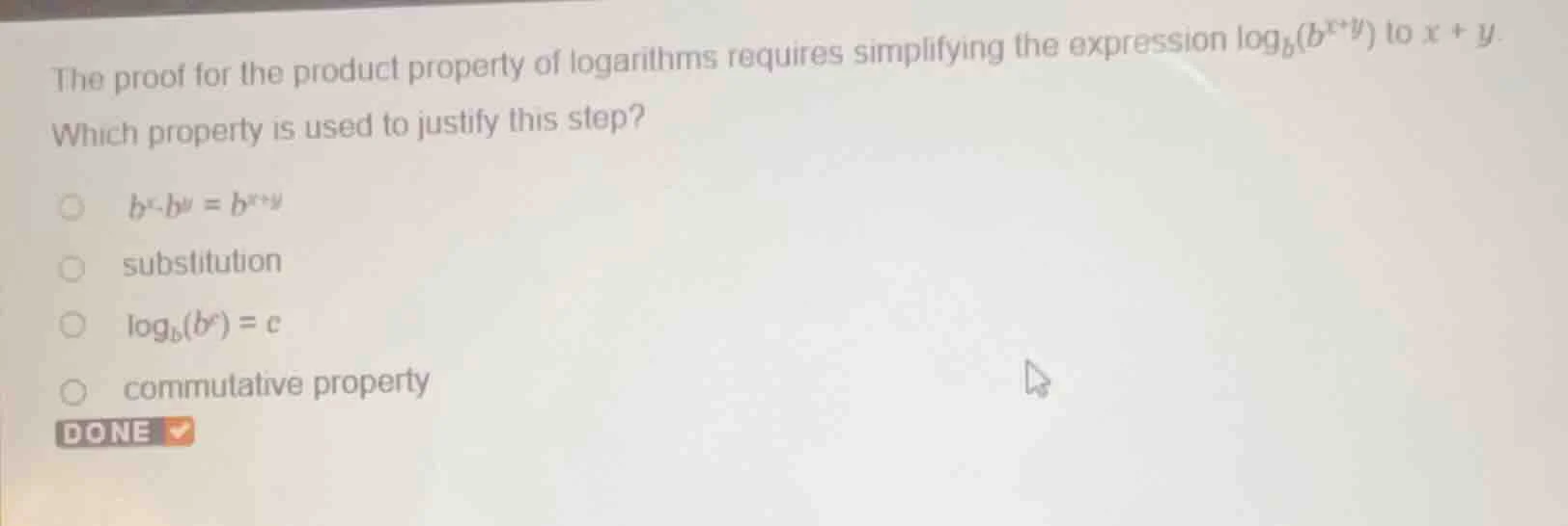 the proof for the product property of logarithms requires simplifying t…