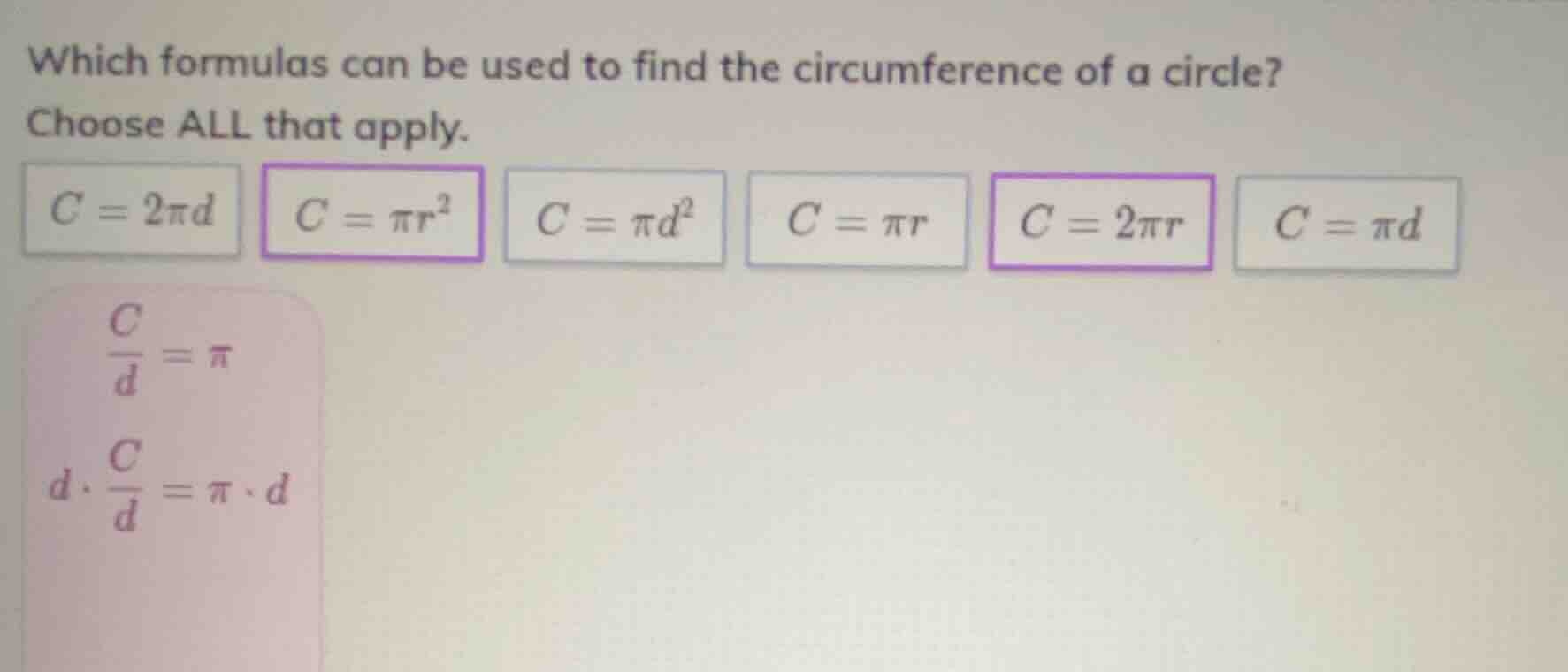 which formulas can be used to find the circumference of a circle? choos…