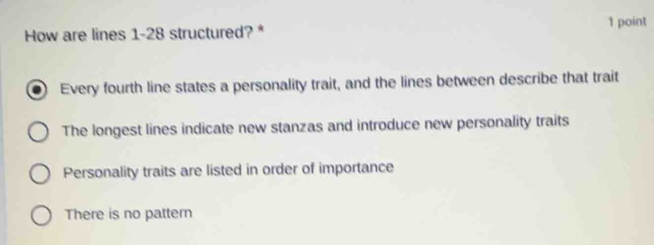 how are lines 1-28 structured? * every fourth line states a personality…
