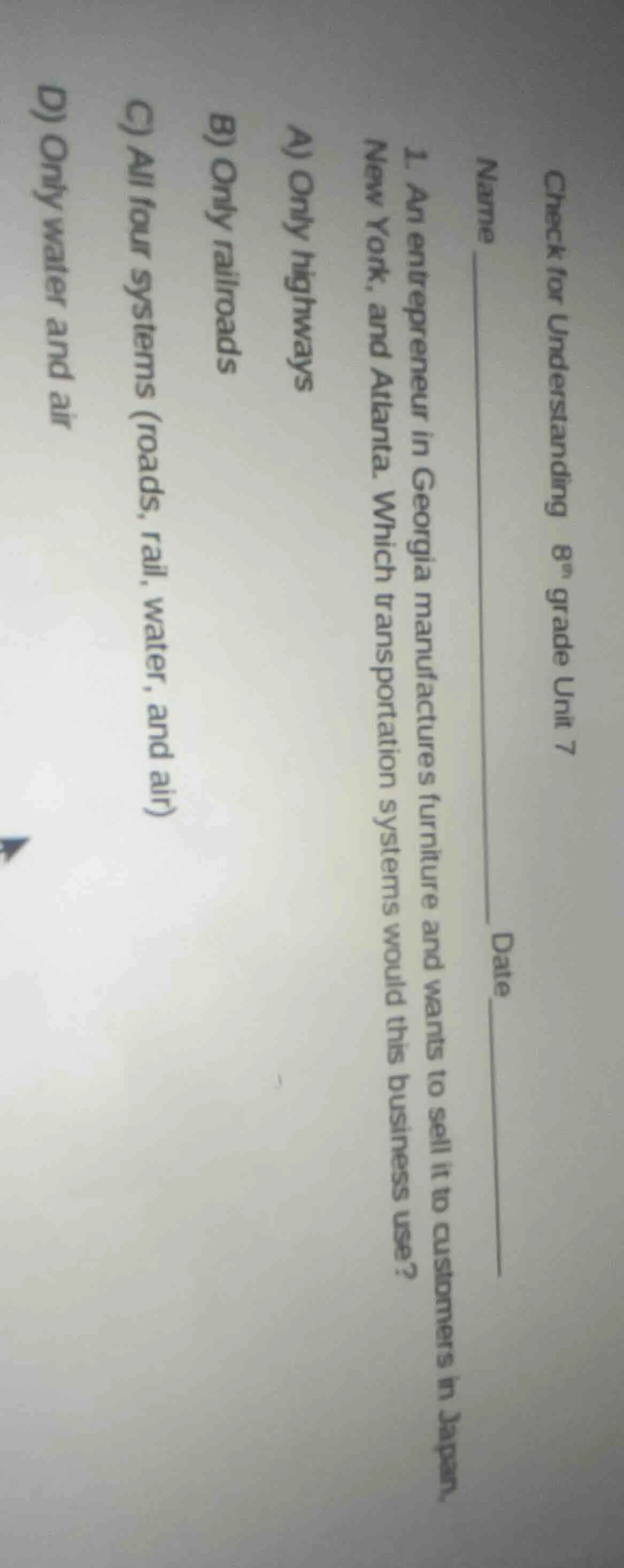 check for understanding 8th grade unit 7 name date 1. an entrepreneur i…