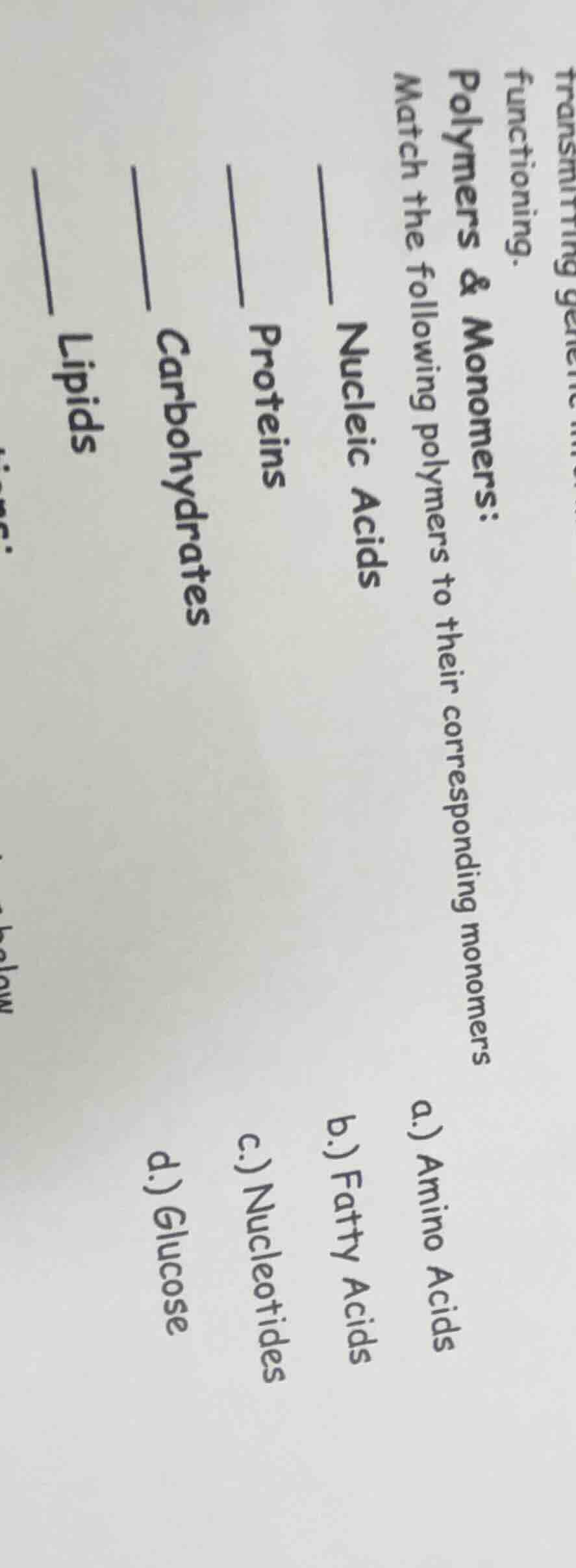 polymers & monomers: match the following polymers to their correspondin…