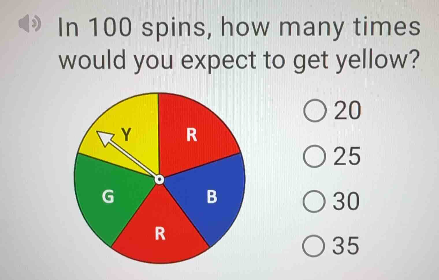 in 100 spins, how many times would you expect to get yellow? options: 2…