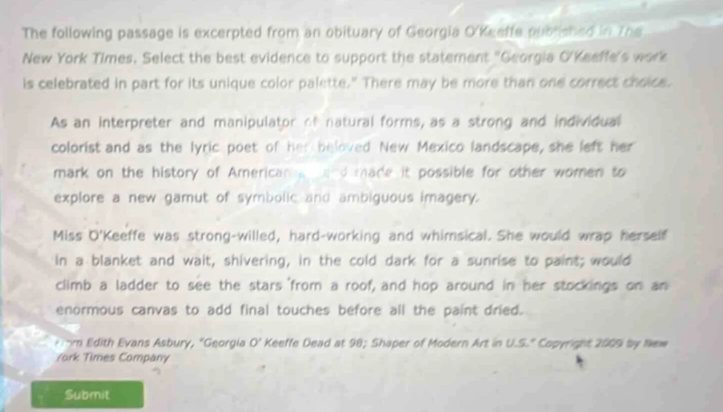 the following passage is excerpted from an obituary of georgia okeeffe …