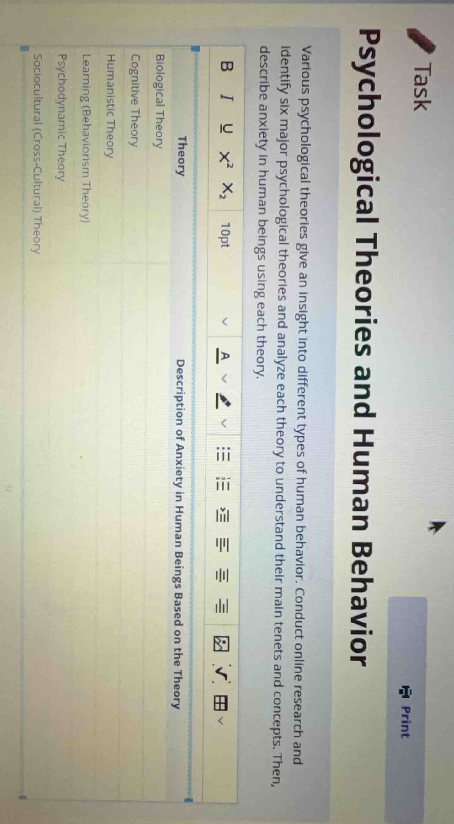 task psychological theories and human behavior various psychological th…