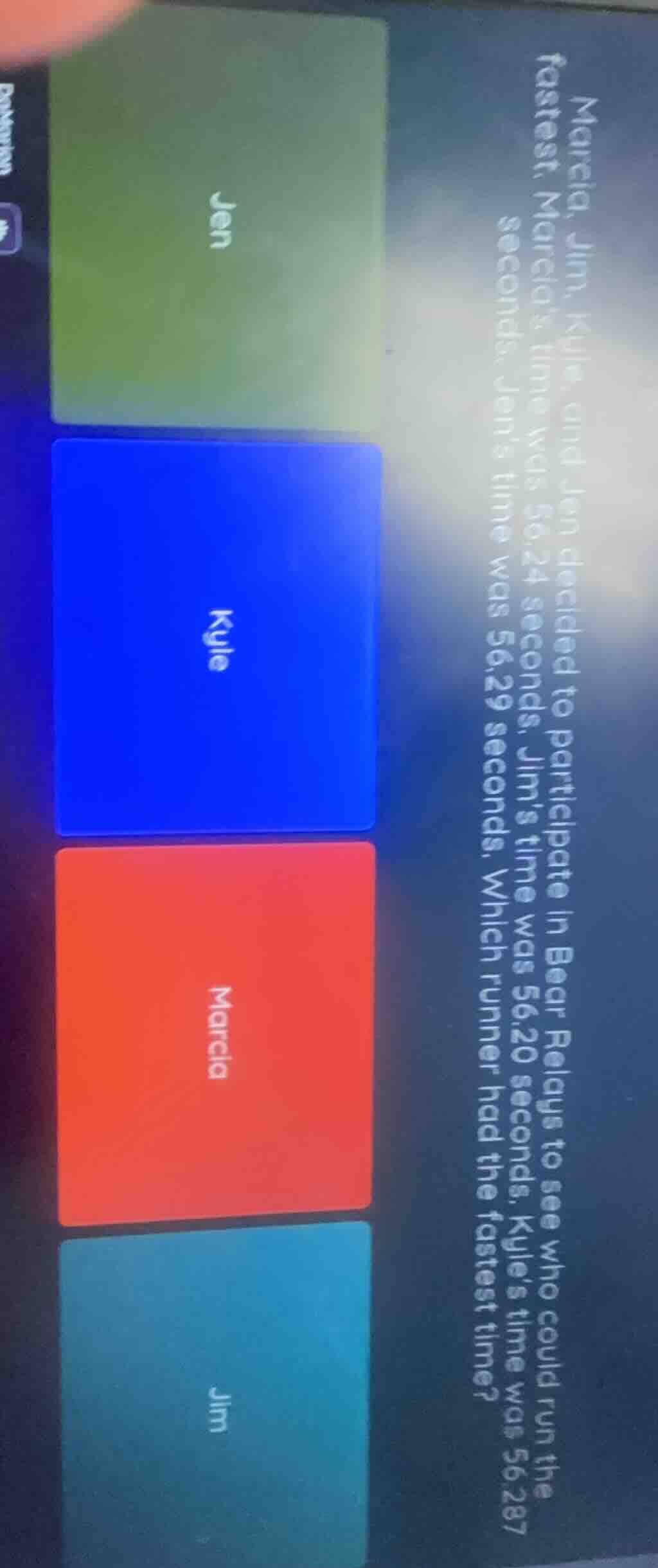 marcia, jim, kyle, and jen decided to participate in bear relays to see…