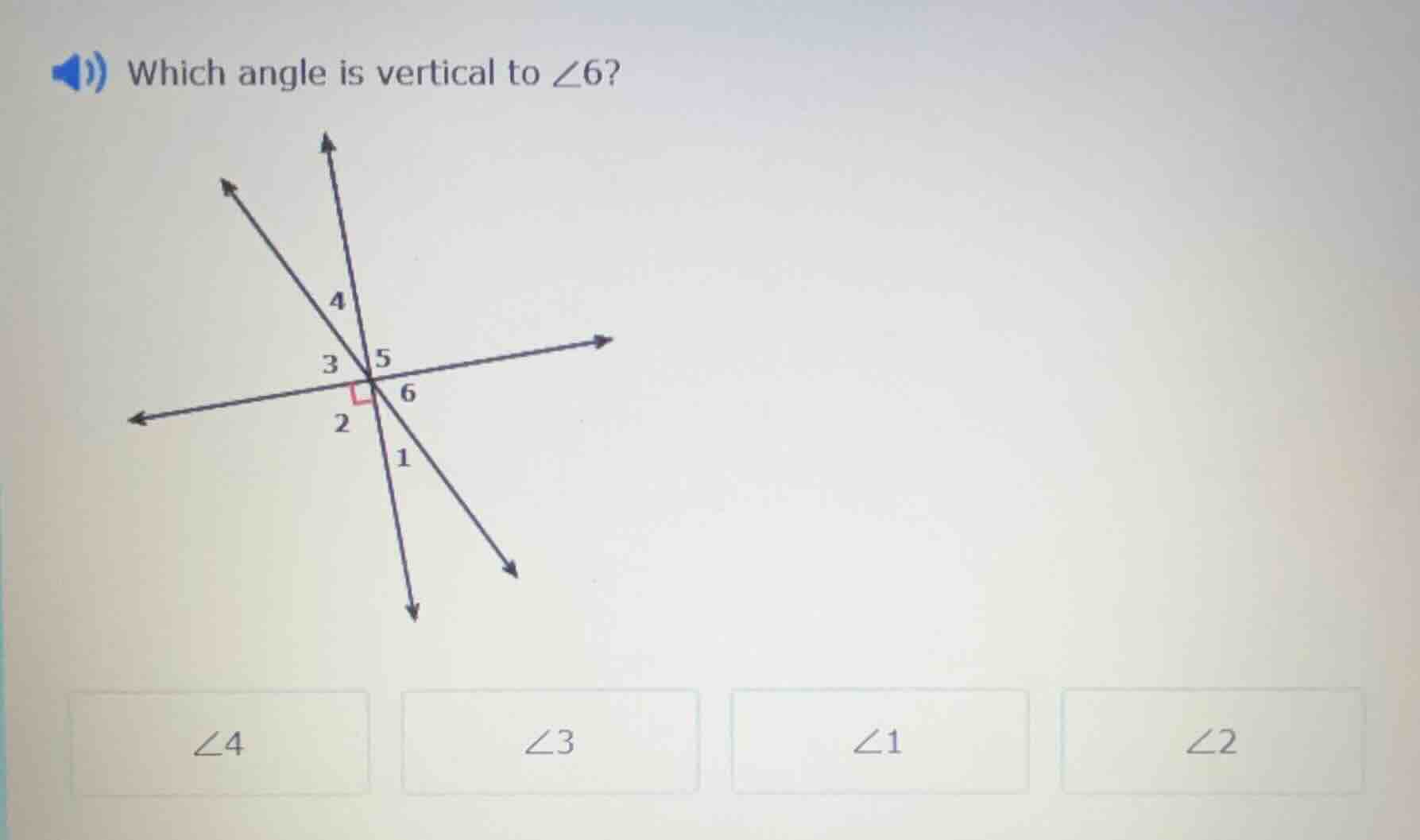 which angle is vertical to $\\angle 6$? image of intersecting lines wit…