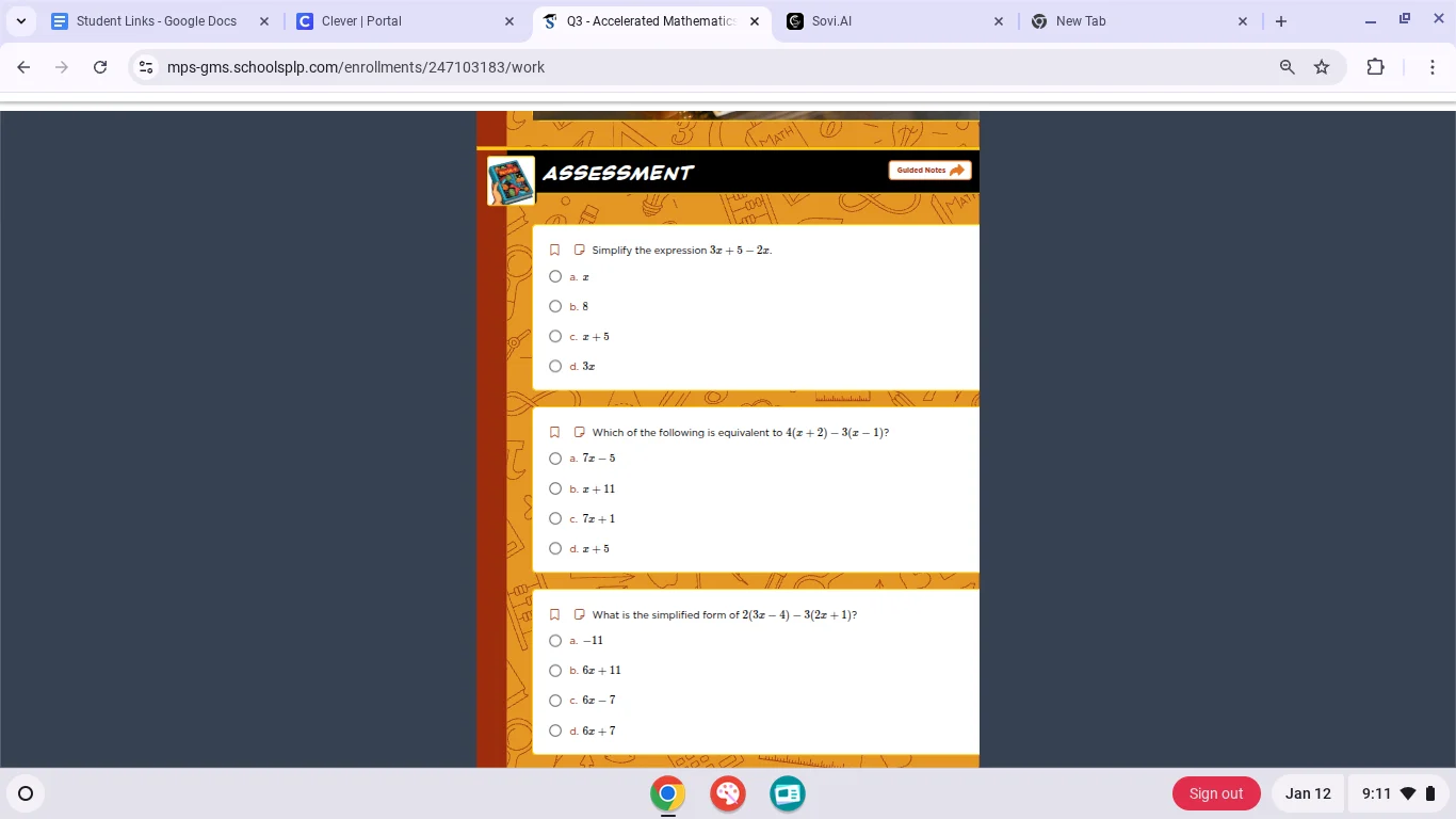 simplify the expression $3x + 5 - 2x$ a. $x$ b. $8$ c. $x + 5$ d. $3x$ …