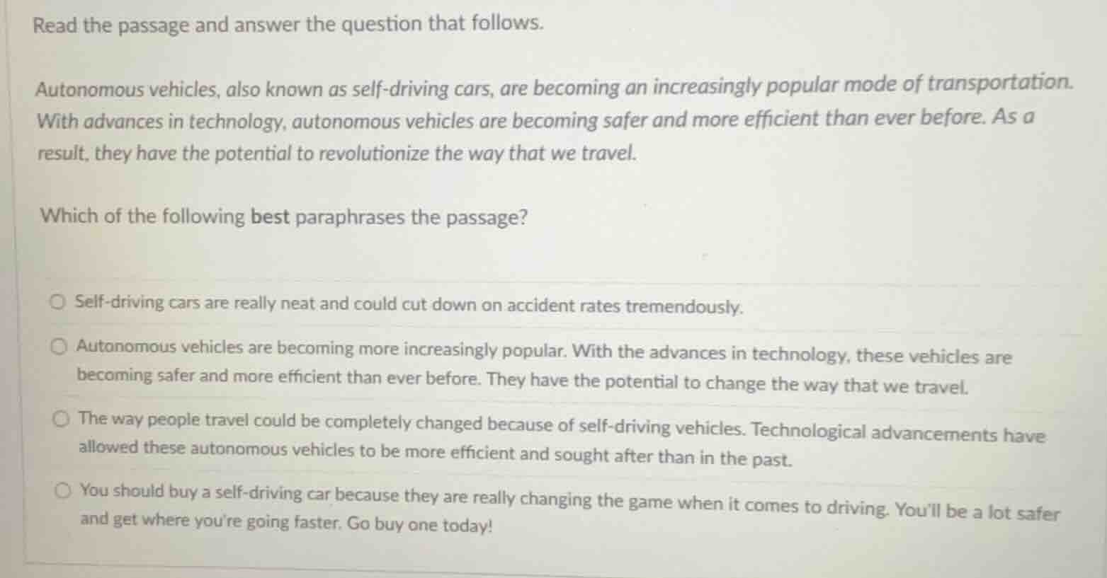 read the passage and answer the question that follows. autonomous vehic…