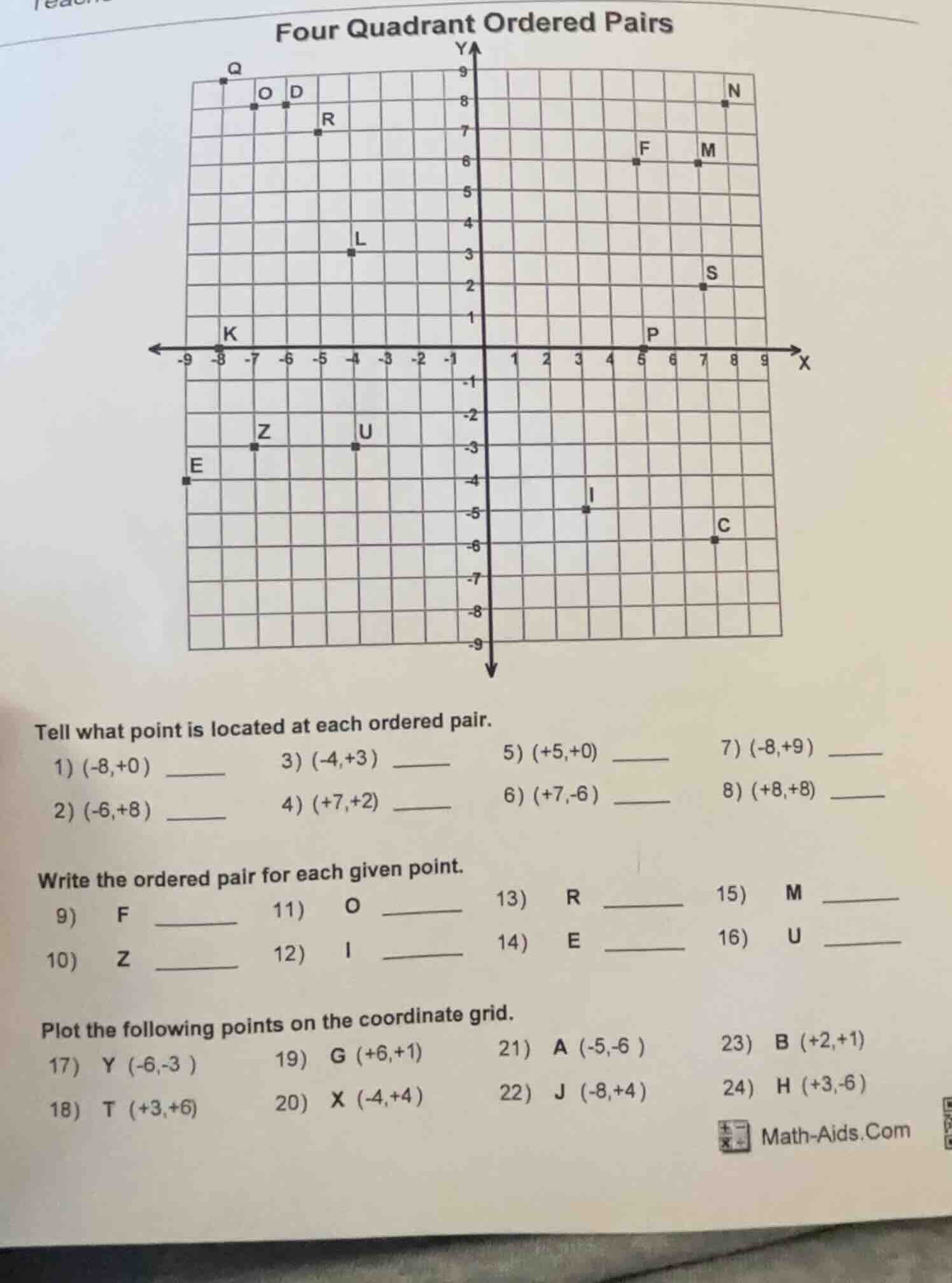 four quadrant ordered pairs tell what point is located at each ordered …