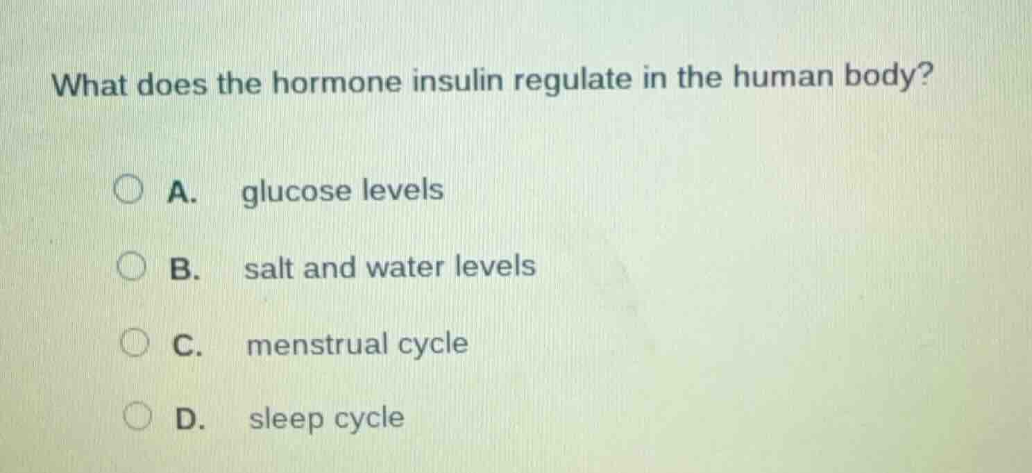 what does the hormone insulin regulate in the human body? a. glucose le…