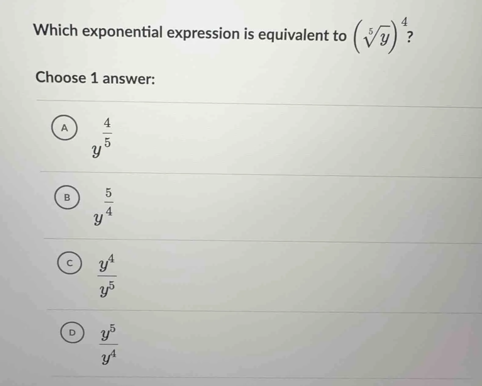 which exponential expression is equivalent to \\(\\left(\\sqrt5{y}\ igh…