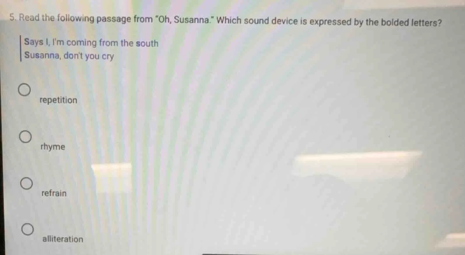 5. read the following passage from \oh, susanna.\ which sound device is…