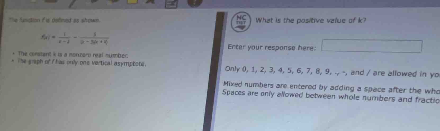 the function f is defined as shown. $f(x) = \\frac{1}{x - 3} - \\frac{5…