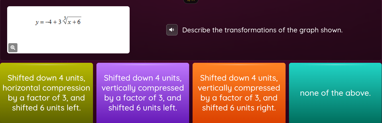 y = -4 + 3\\sqrt3{x + 6} describe the transformations of the graph show…