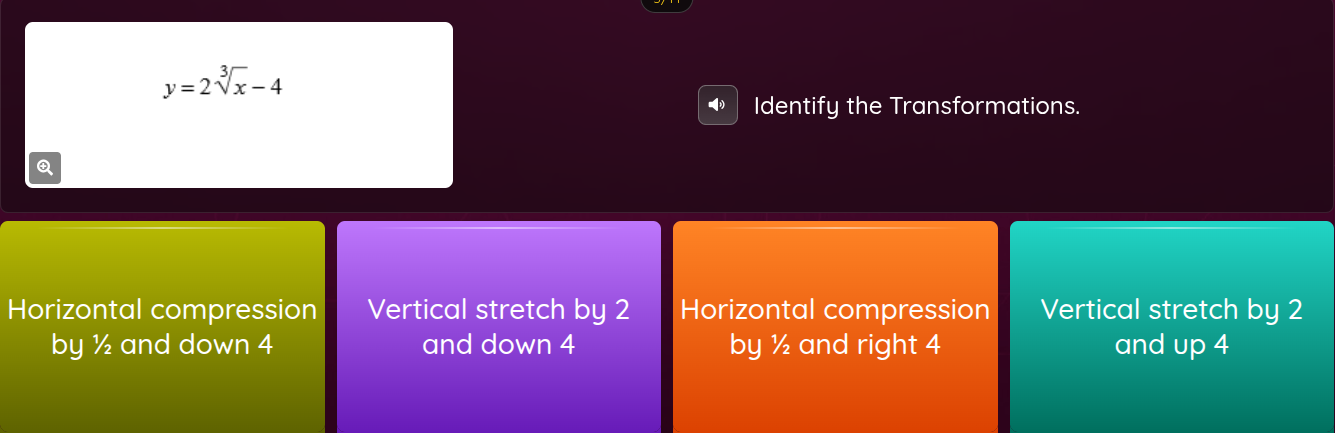 y = 2\\sqrt3{x} - 4 identify the transformations. horizontal compressio…