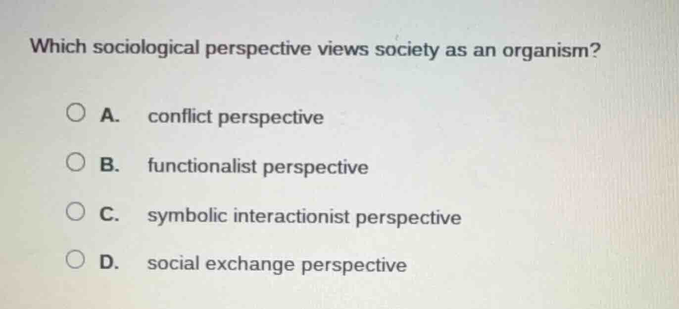 which sociological perspective views society as an organism? a. conflic…