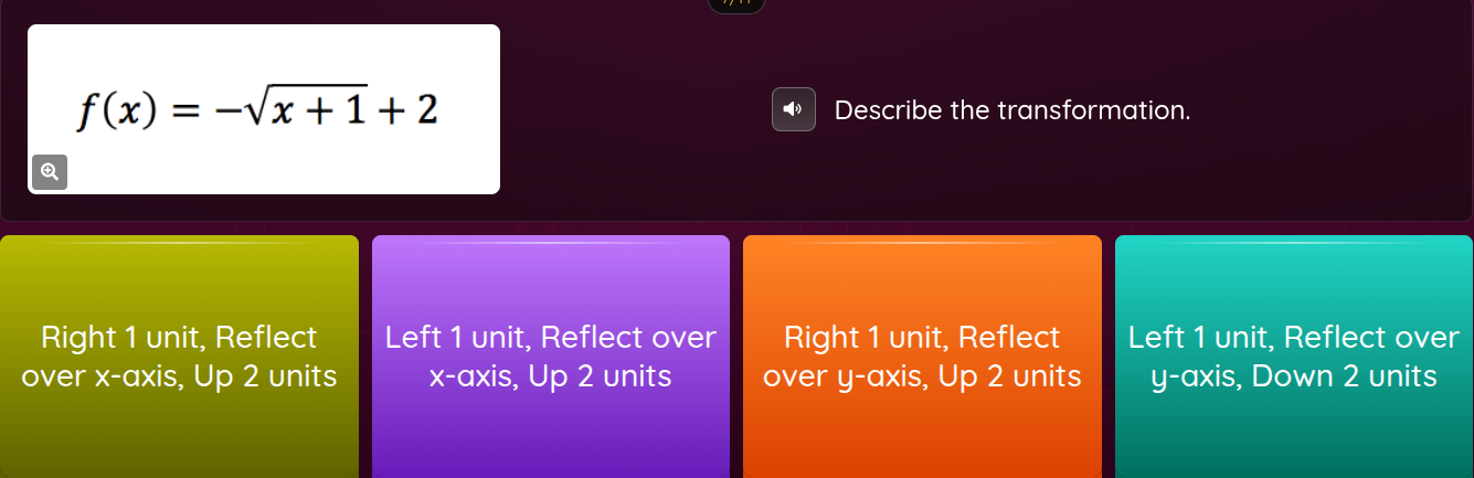 f(x) = -√(x + 1) + 2 describe the transformation. options: right 1 unit…