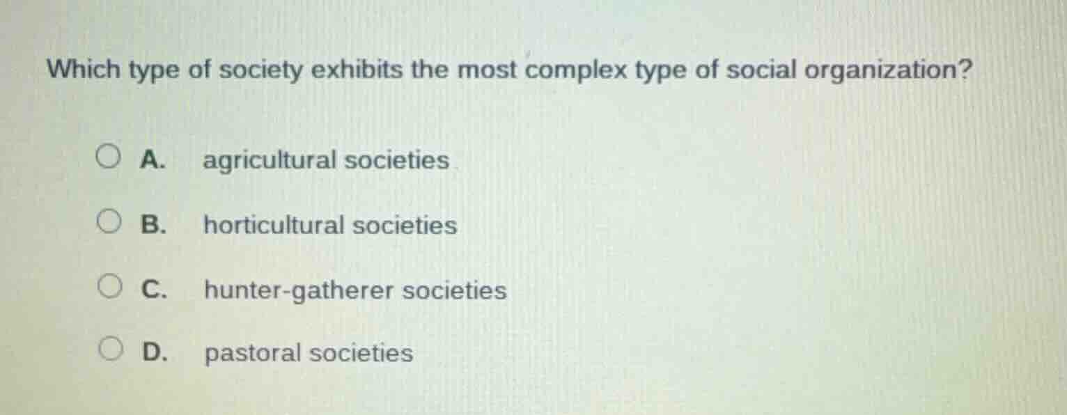 which type of society exhibits the most complex type of social organiza…