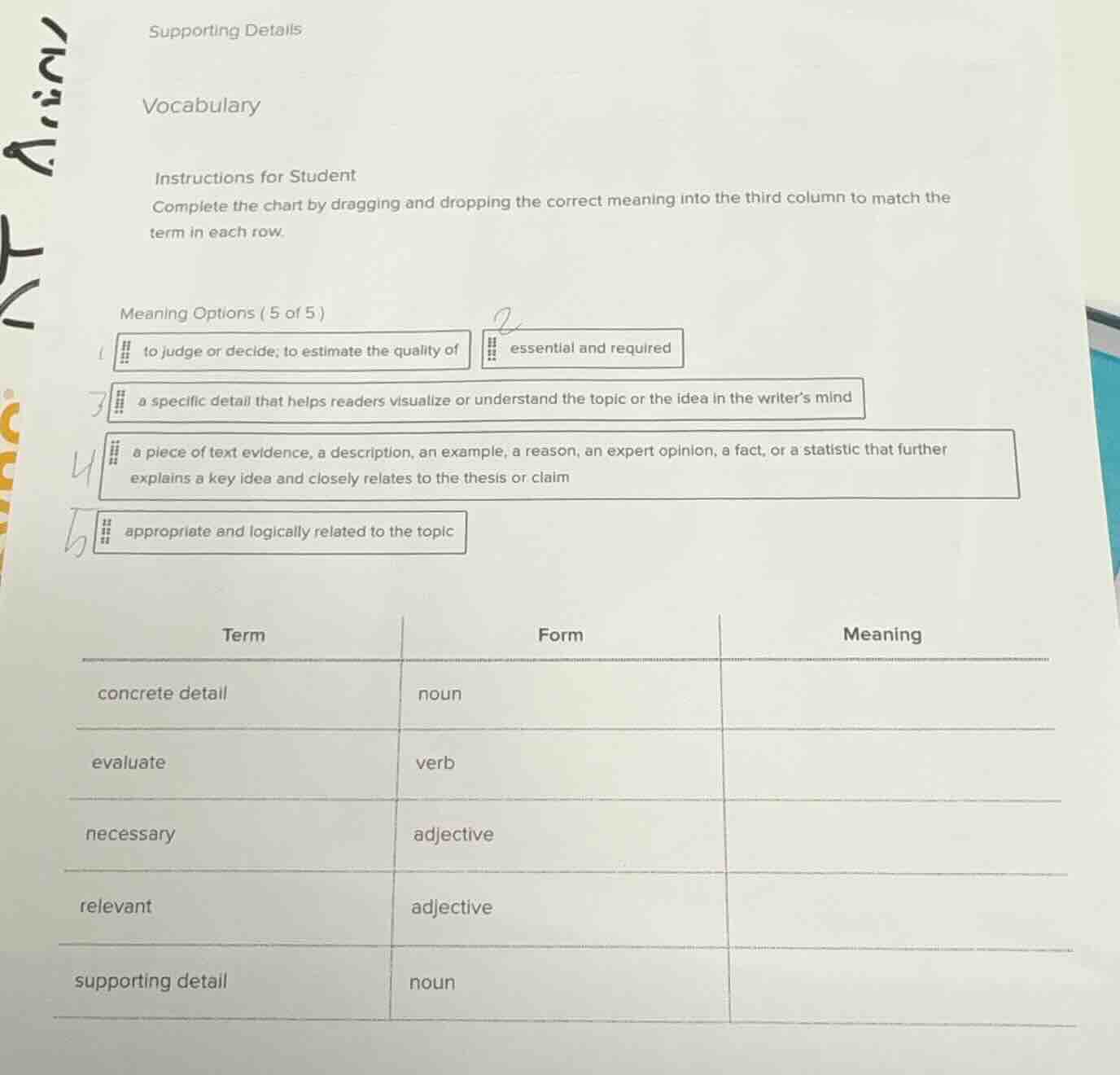 supporting details vocabulary instructions for student complete the cha…