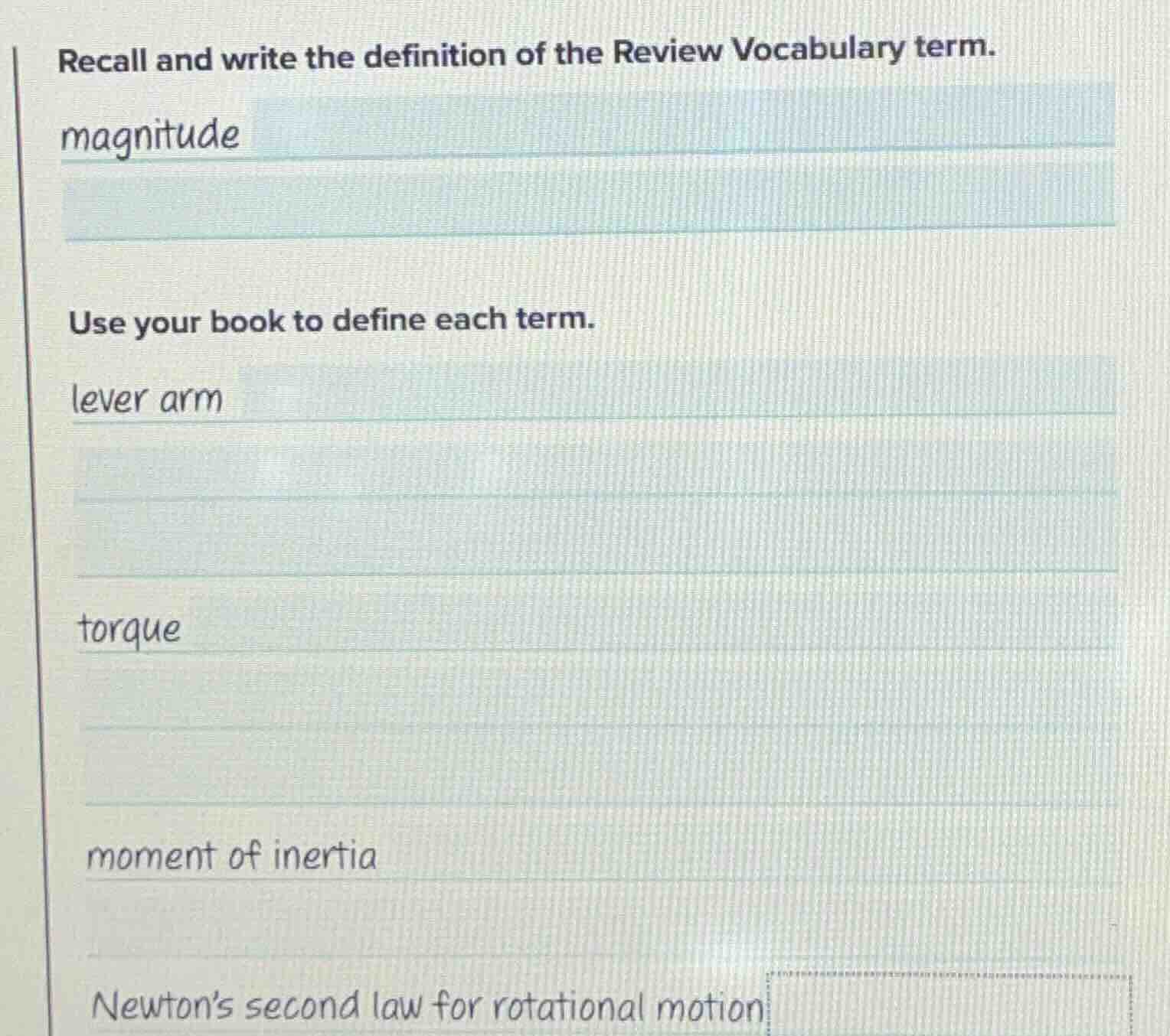 recall and write the definition of the review vocabulary term. magnitud…