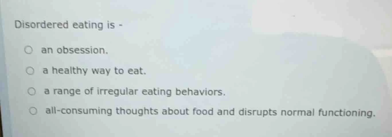 disordered eating is - an obsession. a healthy way to eat. a range of i…
