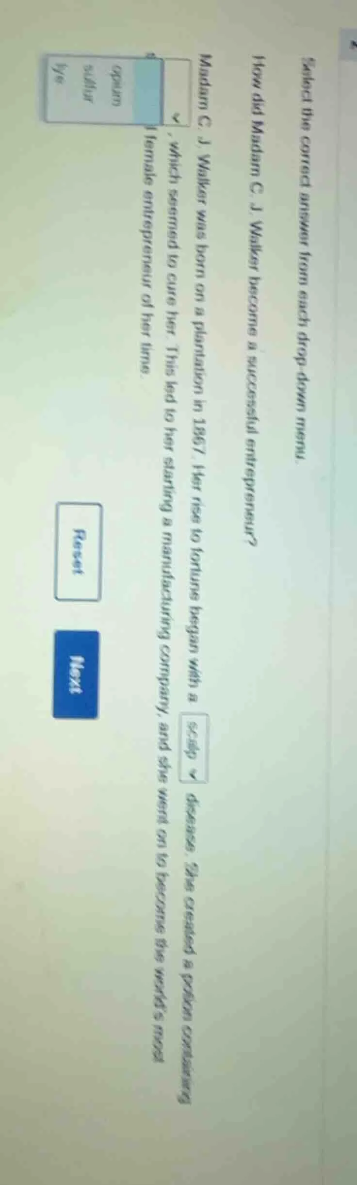 select the correct answer from each drop - down menu. how did madam c. …
