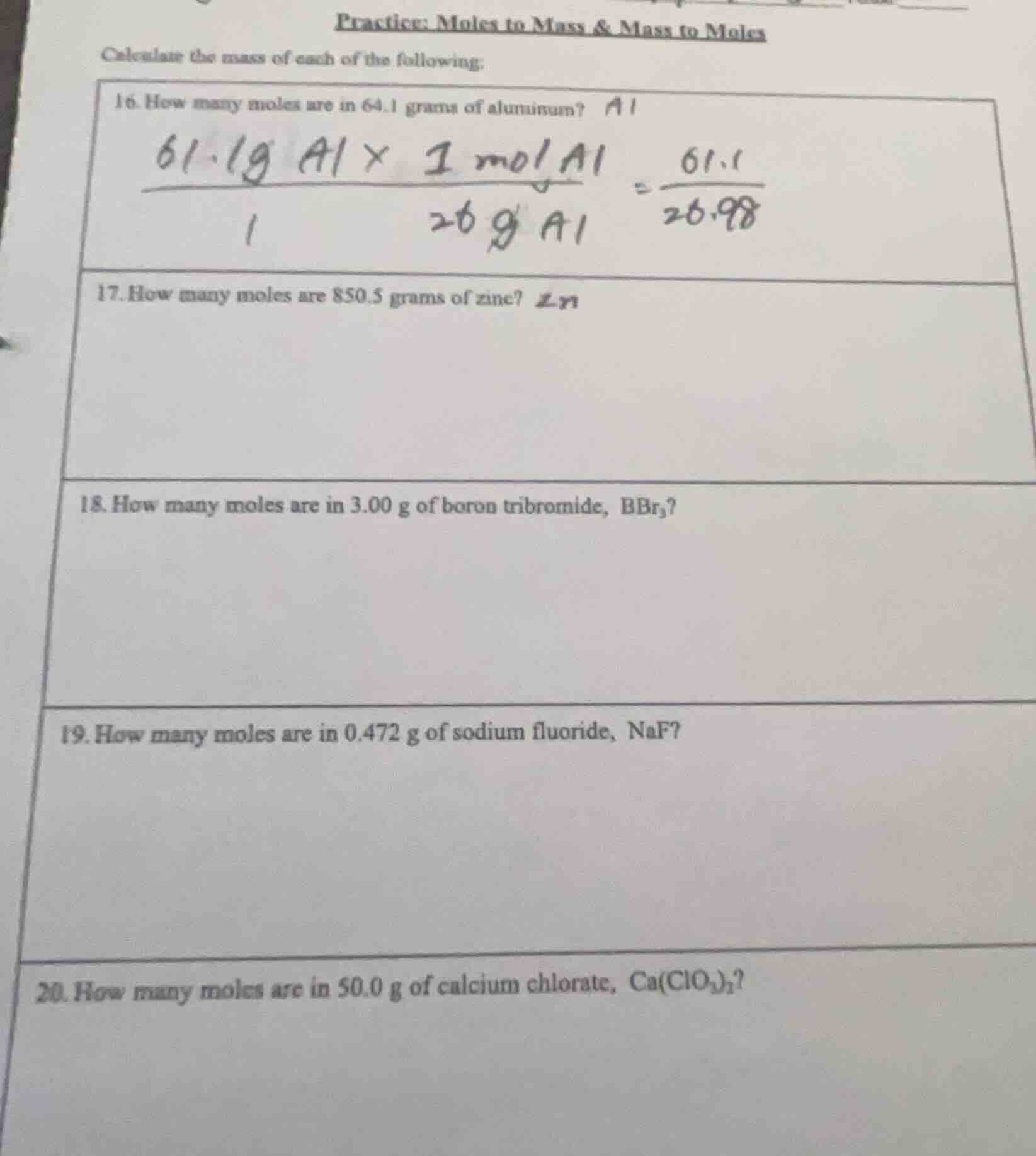 practice: moles to mass & mass to moles calculate the mass of each of t…