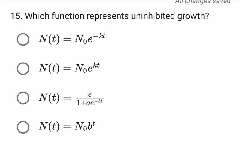 15. which function represents uninhibited growth? $n(t) = n_0 e^{-kt}$ …