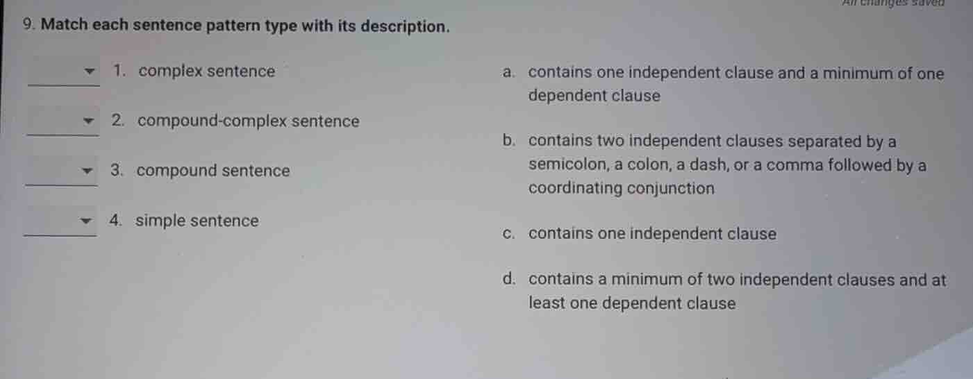 9. match each sentence pattern type with its description. 1. complex se…