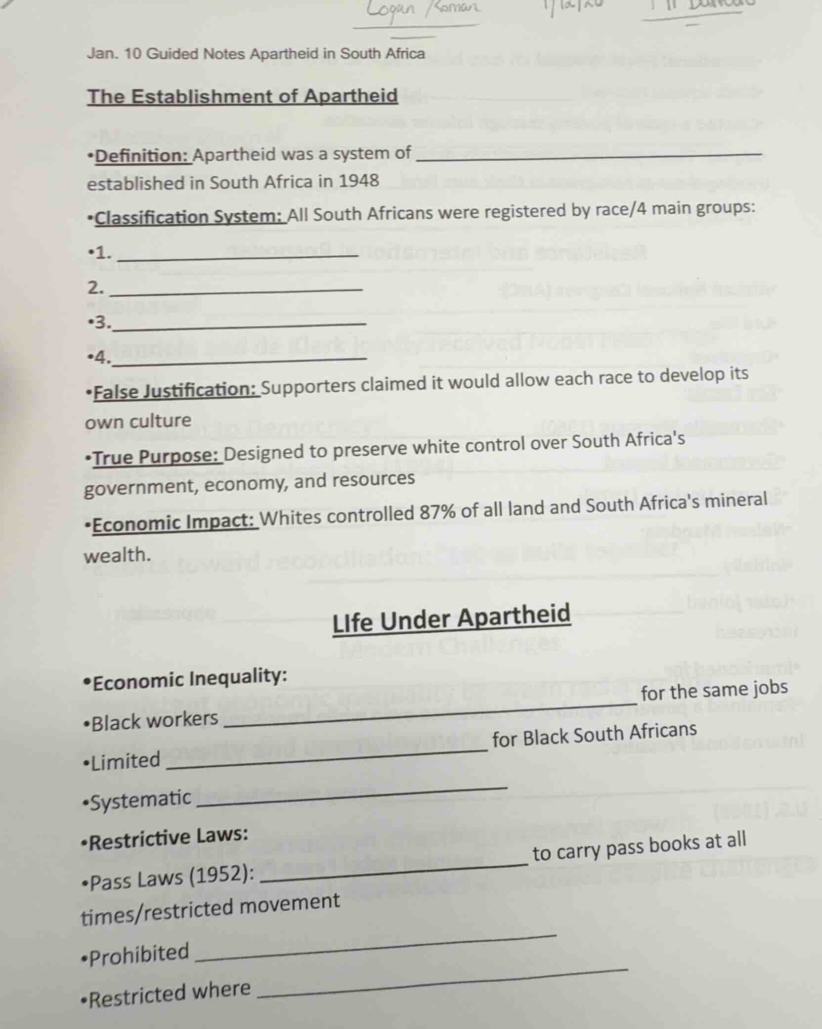 jan. 10 guided notes apartheid in south africa the establishment of apa…