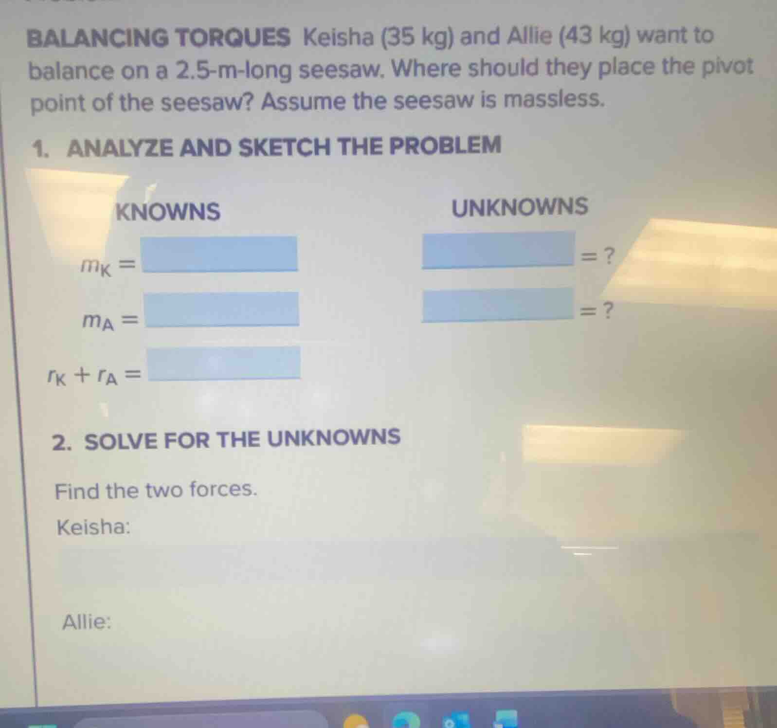 balancing torques keisha (35 kg) and allie (43 kg) want to balance on a…