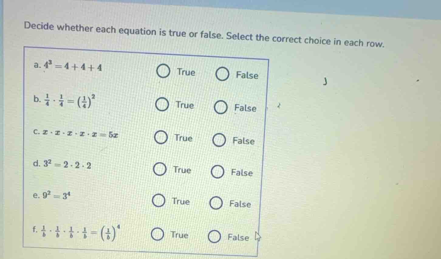 decide whether each equation is true or false. select the correct choic…