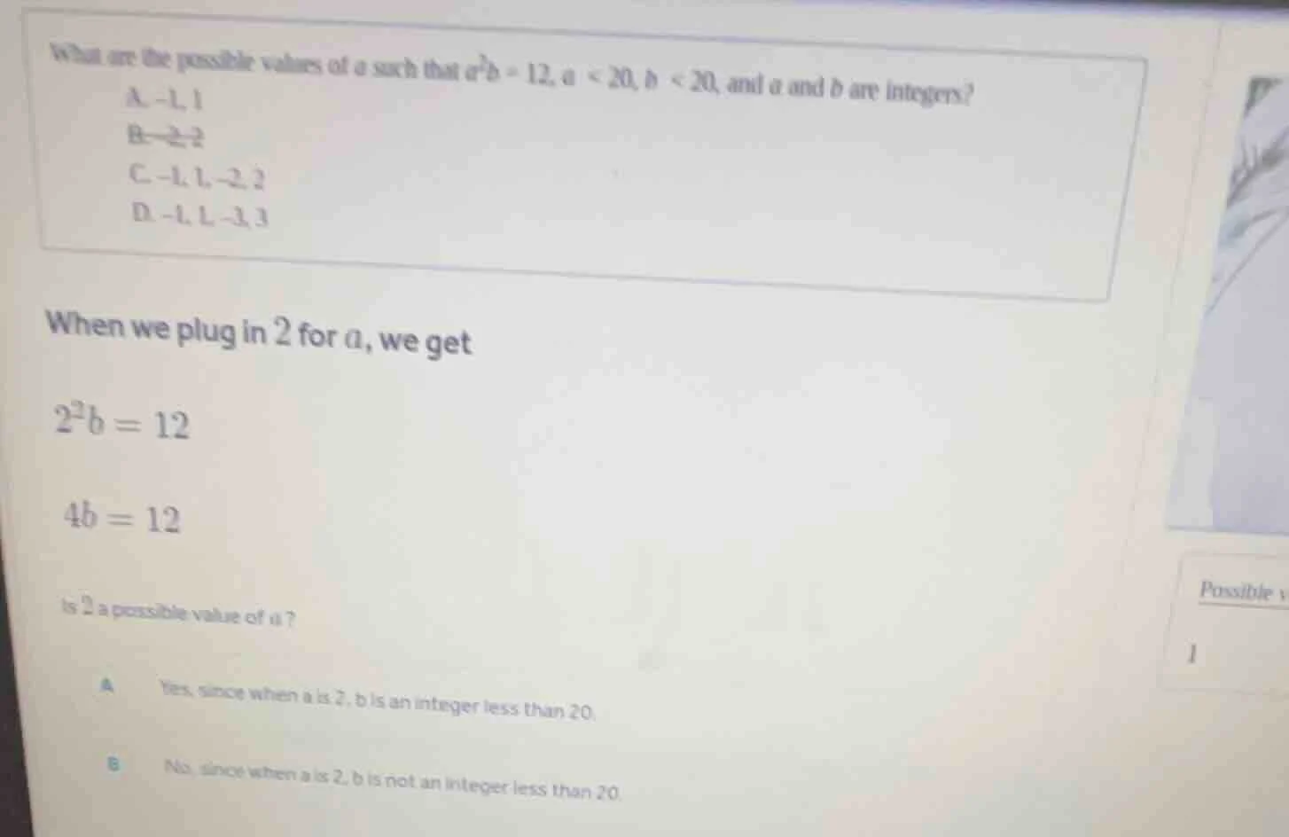what are the possible values of a such that $a^2b = 12$, $a < 20$, $b <…