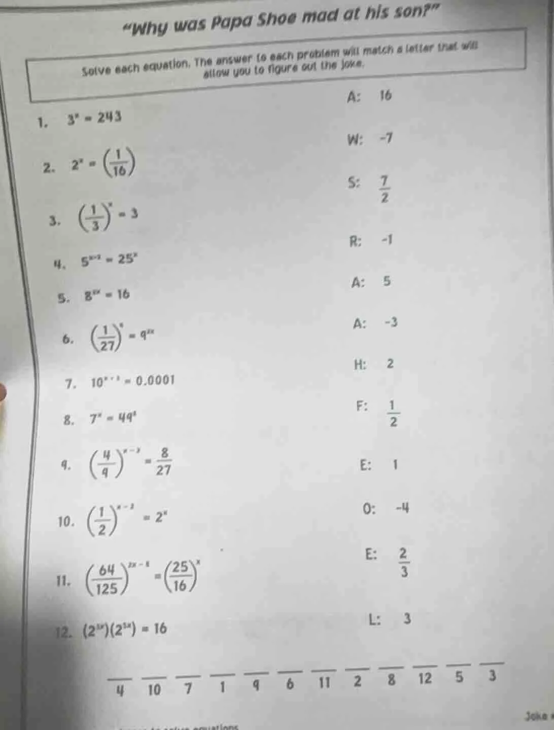 “why was papa shoe mad at his son?” solve each equation. the answer to …
