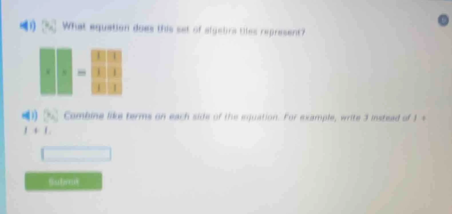 4i) what equation does this set of algebra tiles represent? image of tw…